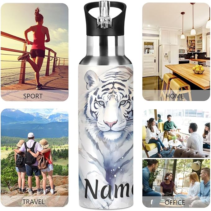 Custom Name Tiger Walk Water Bottle with Straw Lid Kids Insulated Stainless Steel Water Flask Sports, 20 Oz Hot Cold