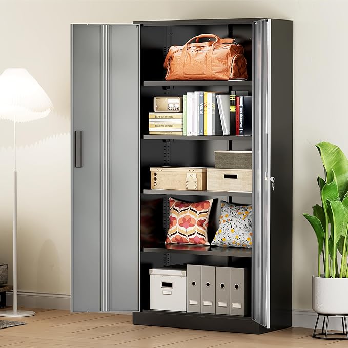 Greenvelly Metal Storage Cabinet with Doors and Shelves, 72" Inch Locking Metal Cabinet,Garage Storage Cabinet for Garage Office School Warehouse (Black Gray)