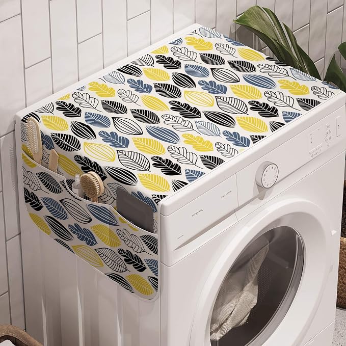 Ambesonne Autumn Washing Machine Organizer, Continuous Pattern of Abstract Leaves, Anti-slip Fabric Cover for Washers and Dryers, 47" x 18.5", Yellow Black