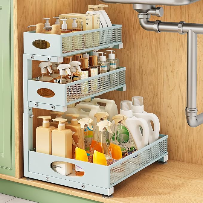 Kitstorack Under Sink Organizer 3-Tier Slide Out Drawer 1-Pack LightBlue | Height Adjustable, Metal Mesh Storage Rack, Pull out Cabinet Organizer Shelf for Bathroom Kitchen Pantry Home Organization