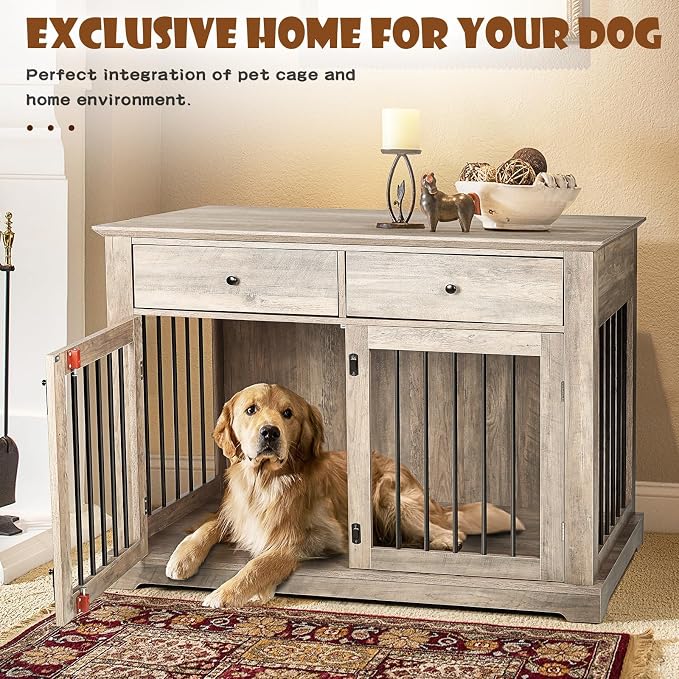 LEMBERI 44-inch Wooden Dog Crate with 2 Storage Drawers, End Table, Grey | Indoor wooden dog kennel with decorative finish. Also use as pet cage, dog house, or side table. Sturdy for large breeds