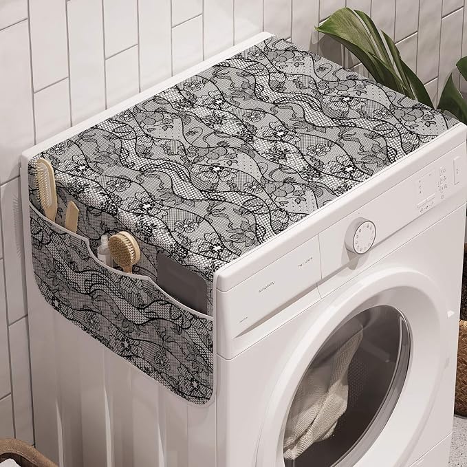 Ambesonne Floral Washing Machine Organizer, Lace Gothic Pattern with Flower Effect and Leaves Ornamental Antique Feminine Design, Anti-slip Fabric Top Cover for Washer Dryer, 47" x 18.5", Black Grey