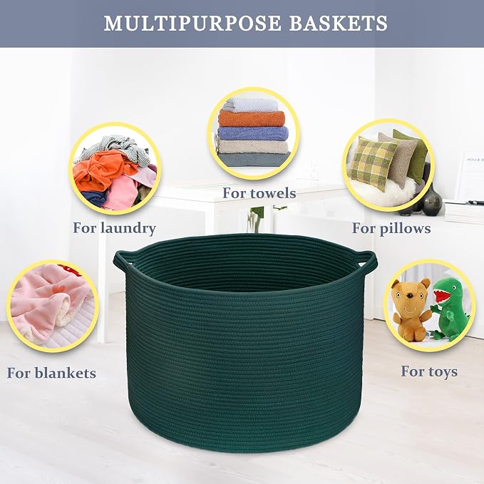 Large Cotton Rope Blanket Basket, 87L Laundry Hamper, Dark Green
