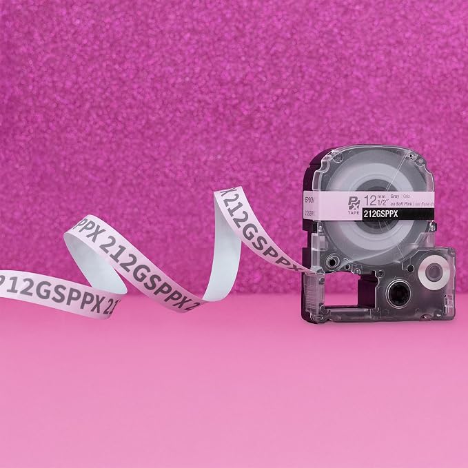 Epson LABELWORKS 212GSPPX Label Tape - Gray on Soft Pink - 1/2" (12mm) | Genuine Epson designer craft PET tape for LW-C410PX & C610PX, decorative finish for crafts & decor