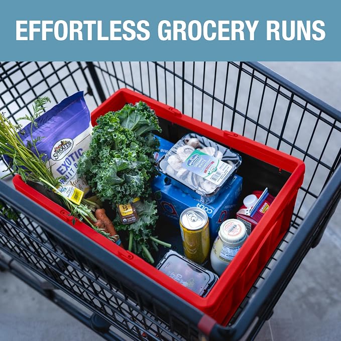 CleverMade Collapsible Shopping Basket, 32L Storage Crate, 1 Pack, Red | Carry Bigger Grocery Hauls with Confidence | Rigid Walls Hold 35 lb, While Top and Side Handles Balance the Load