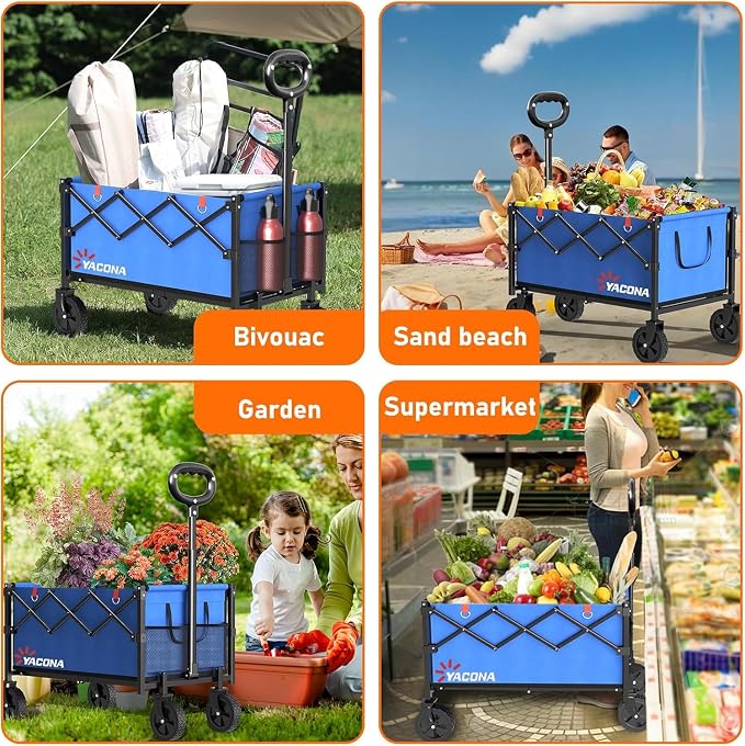 Yozoia Wagons Carts Foldable,Utility Beach Grocery Wagon with Wheels,Blue | Foldable, Lightweight, Portable, Simple Installation, for Camping Shopping Beach Garden Sports