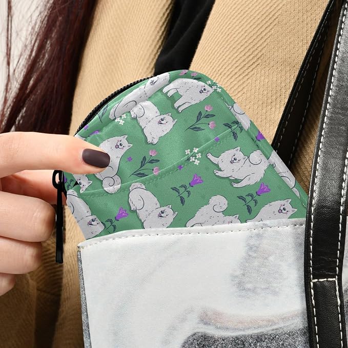Fustylead Cute White Samoyed Dogs on A Green Meadow Pill Organizer Travel Portable Zipper Cloth Bag for Holding Weekly Supplements Vitamins and Fish Oils