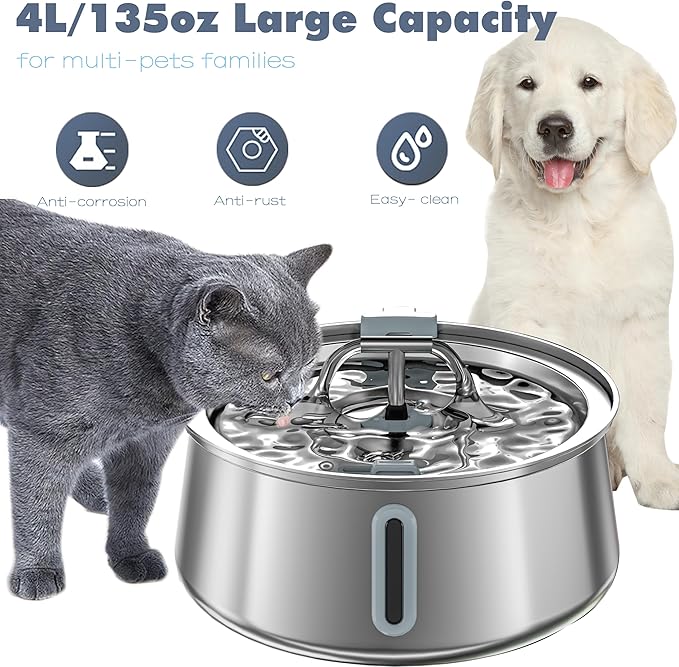 Homtyler Stainless Steel Cat Water Fountain,Pet Water Fountain 4L/135oz Large Capacity,Dog Water Dispenser with Water Level Window, Multiple Filtration, Quiet Automatic Pet Fountain Easy Clean,2Faucet