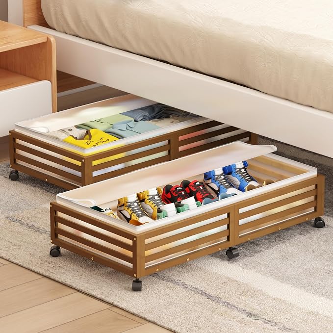 Under Bed Storage with Wheels, 2 Pack Bamboo Drawers for Shoes and Clothes | Fitted dustproof bags, stackable design, smooth pullout access for bedding, blankets, toys and seasonal essentials