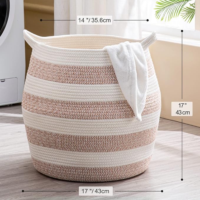 KAKAMAY Woven Baskets for Storage(17"x17"),Large Cotton Rope Woven Baby Laundry Hamper,Collapsible Laundry Basket, Blanket Basket for Organizing Living Room,Nursery,Pillows,Toy Chest(Rose)