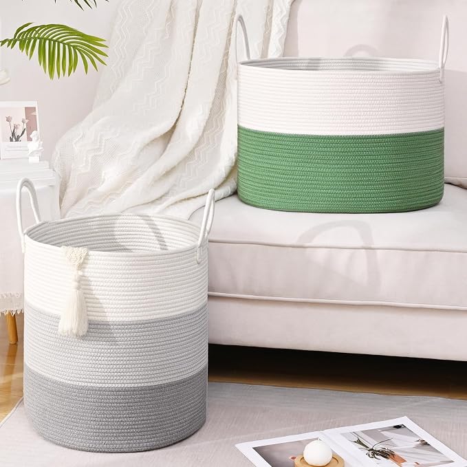 67L Large Woven Blanket Basket, Cotton Rope Baby Laundry Hamper with Handles, Kids Toy Basket for Classroom & Nursery, Soft Round Stuffed Animal Storage, Dog Toy Bin - 20"x13", Green