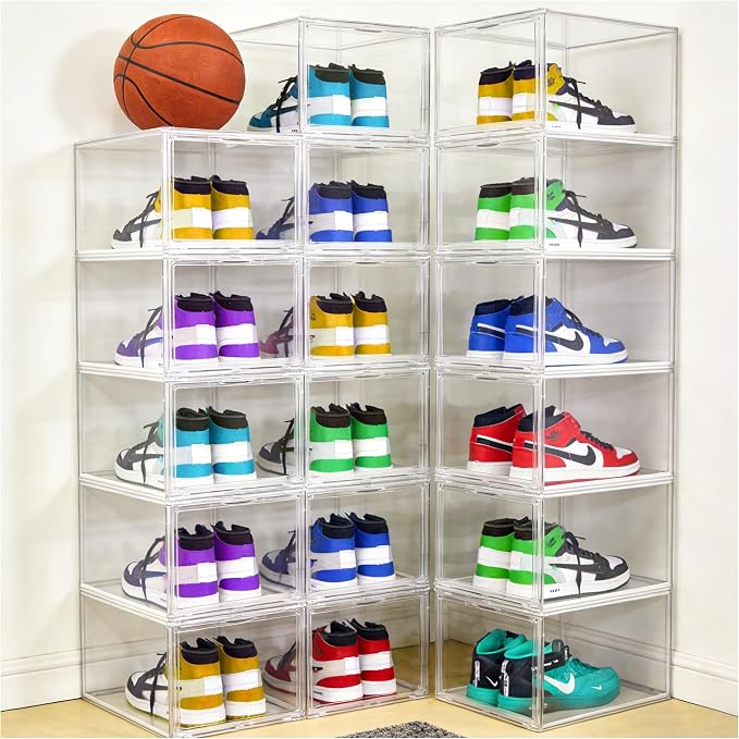 1 Pack Clear Acrylic Sneaker Boxes for Sneakers & High Tops,Fit Size 13 | 10.6 x 14.2 x 9.1 in deep narrow-front boxes for sneakers, athletic shoes and many high-top styles. Space saving storage
