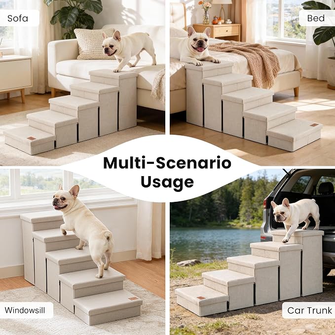 Love's cabin Dog Stairs for High Bed, Foldable Pet Stairs for Small Medium or Large Dogs Puppy with Storage for Bed or Couch, Cat Dog Steps Ramp with Zip up to 200 lbs, Beige, 5 Steps