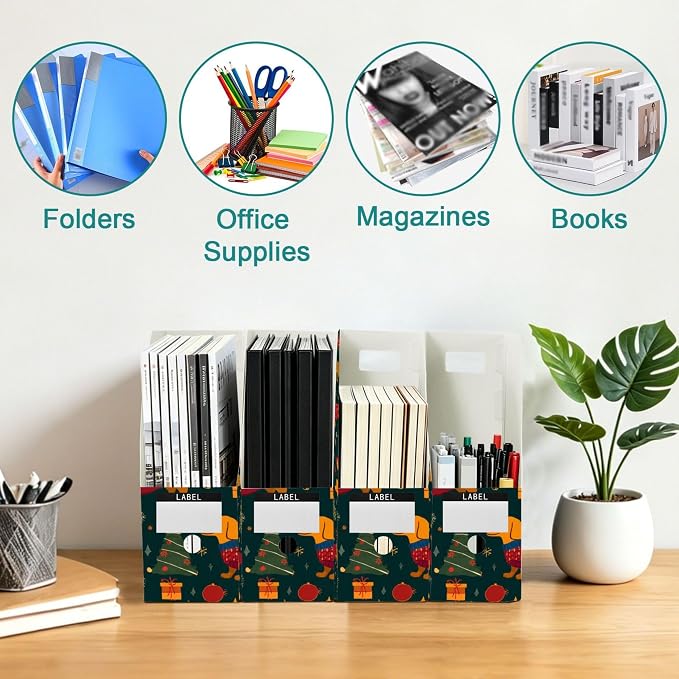 Christmas Dog Dachshund Pet 3-Pack Decorative Magazine File Holder Foldable Desk Book Bins Binder Organizer with Blank Labels for Office Classroom Bookshelf Document Paper Storage