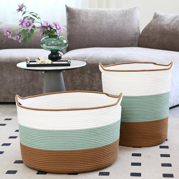Sea Team Large Woven Cotton Rope Laundry Basket with Handles, 20 x 14 in | Collapsible Knitted Hamper, Closet Shelf Organizers, Containers for Clothing, Blankets, Toys, Bedding, Green & Brown