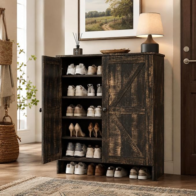 VINGLI Shoe Cabinet with Doors,5 Tier Dark Rustic Oak Wooden Shoe Storage Cabinet for Entryway with Double Barn Doors, Adjustable Shelves, 36.4" Tall Farmhouse Shoe Rack Organizer for Entryway