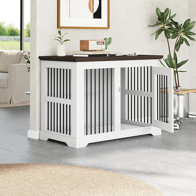 44" Wooden Dog Crate Furniture,Large Kennel Pet Cage End Table for Indoor | for XXL XL Medium Dogs, White and Wood, Fits Living Room Bedroom, Heavy Duty Steel Frame with Lock 100 lbs Cap, 100 lbs Top.