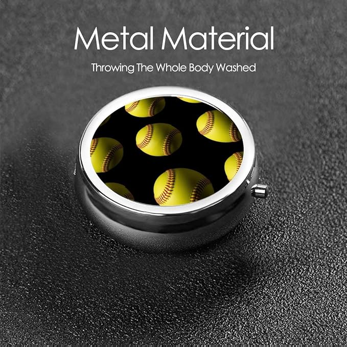 Compact Pill Container, Round Mini Box with Mirror, Travel Organizer for Supplements, Pocket Purse Holder for Daily Routine, Softball Black