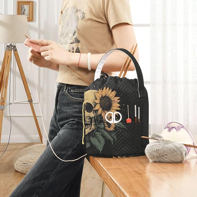 Fustylead Hand Draw Human Skull and Sunflower Design Large Yarn Storage Tote Basket, Knitting Crochet Drawstring Organizer Bag for Crocheting Project, Yarn Balls, Needles Accessories