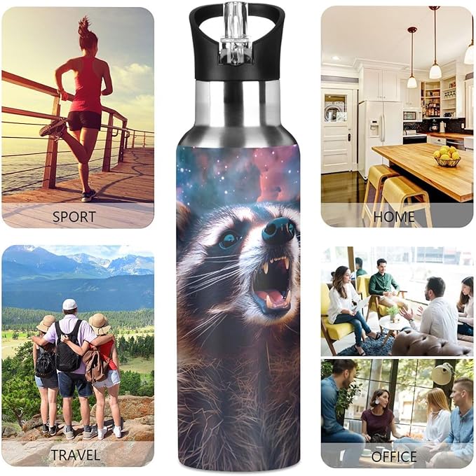 Raccoon with Galaxy Water Bottle with Straw Lid Kids Insulated Stainless Steel Water Flask Sports, 20 Oz Hot Cold