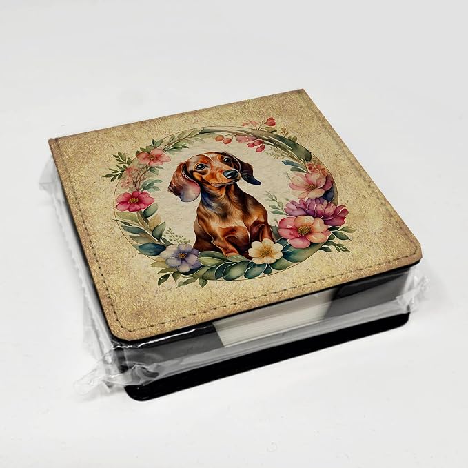 Caroline's Treasures Dachshund and Flowers PU Leather Note Paper Holder with Artist-Designed Cover, Desk Accessory, Office Gift