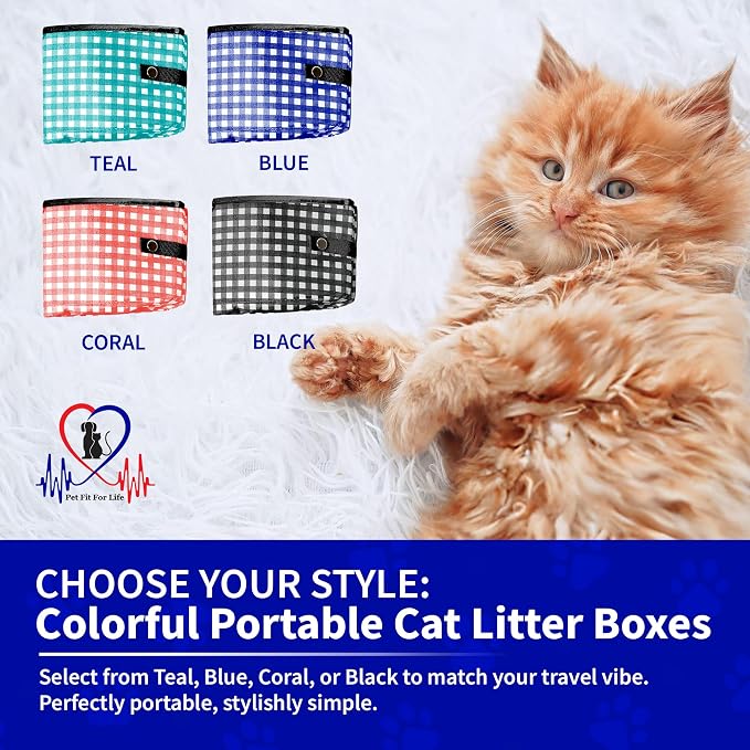 Pet Fit For Life Vibrant Collapsible Travel Cat Litter Box 16"x12"x5" Teal | Portable, Foldable Pop-Up Litter Box with Bonus Water Bowl. Compact Design Folds Flat for Travel, Camping and Home Use.