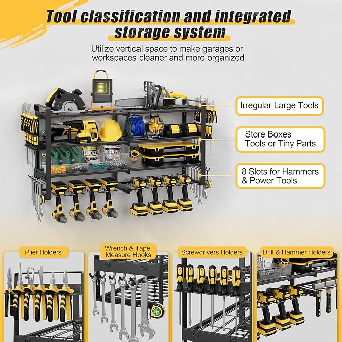 4-Tier Power Tool Organizer Wall Mount, 450LBS Capacity, 8 Drill Holders | 3-Tube Reinforced Design, Holds 50+ Tools, Cordless Tool Organizer, Rust Resistant, Quick Assembly, Garage Gift for Men