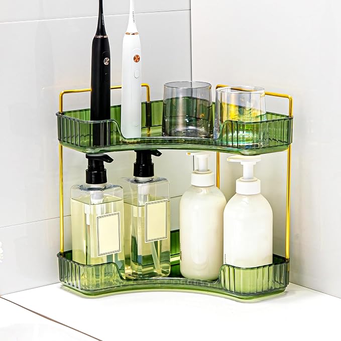 Corner Bathroom Counter Organizer Bathroom Countertop Shelf Makeup Organizer for Vanity Perfume Tray for Corner Storage (2 Tiers, Green)