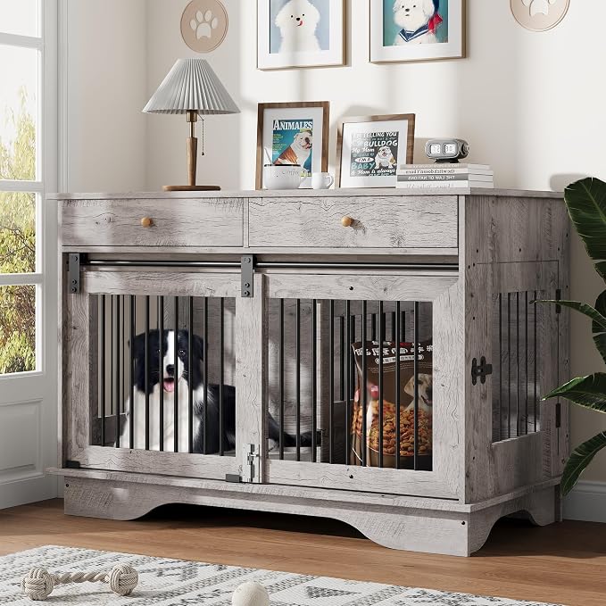 GarveeHome 47" Dog Crate Furniture for 2 Dogs, Double Dog Kennel with Removable Divider & 2 Drawers, Decorative TV Stand Side Table, Indoor Pet Cage for Large/Medium/Small Dogs, White