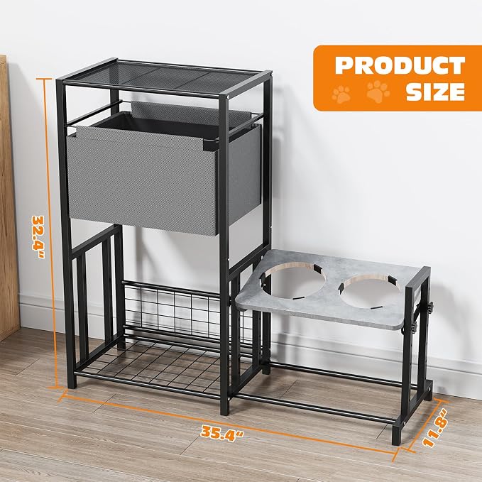 Elevated Dog Bowl Stand with Removable Toy Bin Basket, 6 Height Adjustable Raised Dog Stand, Pet Feeding Station Cabinet with Storage Organizer for Large Medium Small Breed