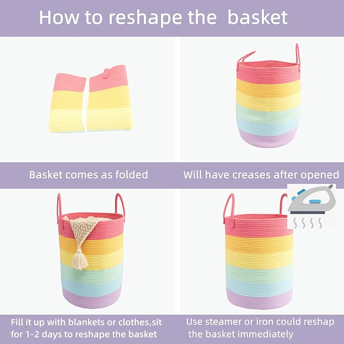 Woven Cotton Rope Laundry Basket, 15" x 20" Laundry Hamper, Rainbow | Rope storage basket for dirty clothes, toys and blankets. Perfect for bathroom, baby nursery and living room storage.
