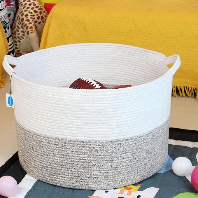 Casaphoria XXL Cotton Rope Basket - 21.7" x 21.7" x 13.8" Woven Laundry Hamper with Handle