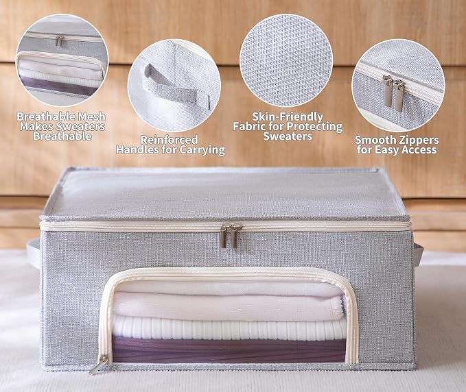 2-Pack Cashmere Sweater Storage Bags for Wool with Cedar Blocks, Grey | Breathable Cashmere/Wool Garment Storage, Mesh Window, Rigid PP Support, Cedar Protection, Foldable Closet Clothes Storage