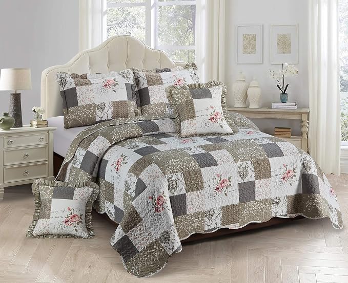 Brilliant Sunshine Pink Roses & Grey Toile Ruffle Pillowshams Set, 18"x18" | Patchwork Design with Ruffles, Quilted Pillow Covers, Washable Throw Cushion Cases for Couchs and Beds, Pack of 2
