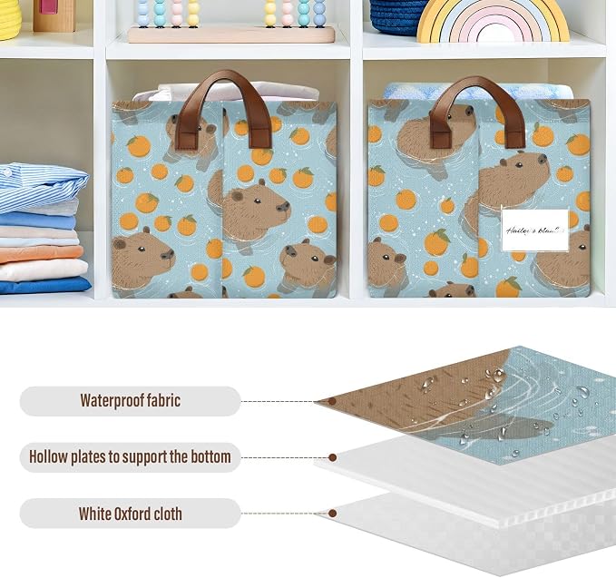 Orange and Swimming Capybara Storage Basket Foldable Cube Storage Bins with Handles&Label Waterproof Collapsible Organizer Box Bin Large Rectangle Decorative Baskets for Shelves Home Room Laundry