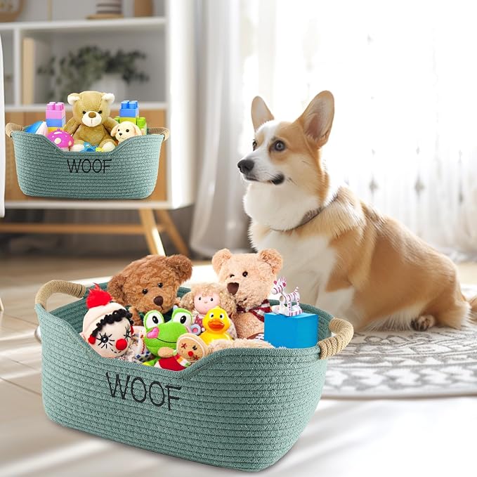 2 Pack Dog Toy Baskets,Pet Rope Basket for Dog Cat Toys,Dog Toy Bin with Handles,Woof Puppy Toy Storage Basket,Puppy Bed,Dog Stuff Organizer for Toys,Collar,Leash,Nursing Supplies-Green