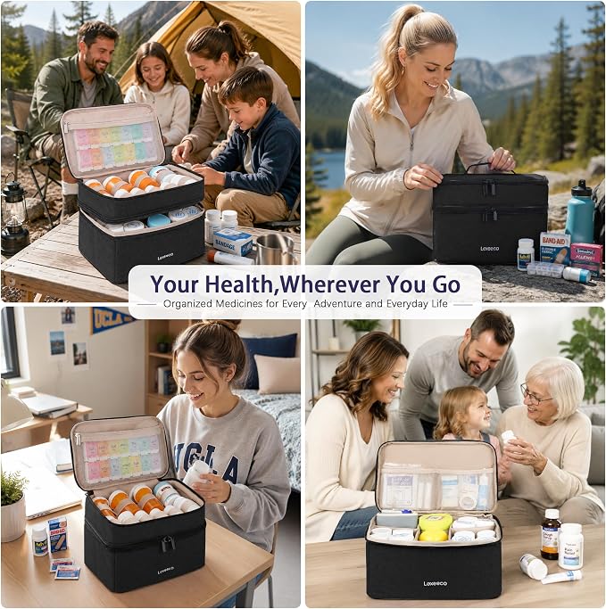 Lexeeco Dual Layers Medicine Pill Bottle Organizer Bag with Lockable Zipper | Portable Medication Bag for Pills,Vitamins,Fish Oil,Medicine Storage Box for College Dorm Student,Home,Large Travel Pill Case