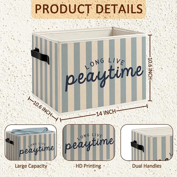 Playroom Foldable Storage Bins Box with Handles, Kids Playroom Decor, Blue Striped Long Live Playtime Decorative Storage Boxes Baskets Toybox Organizer for Kids Nursery Room Bedroom