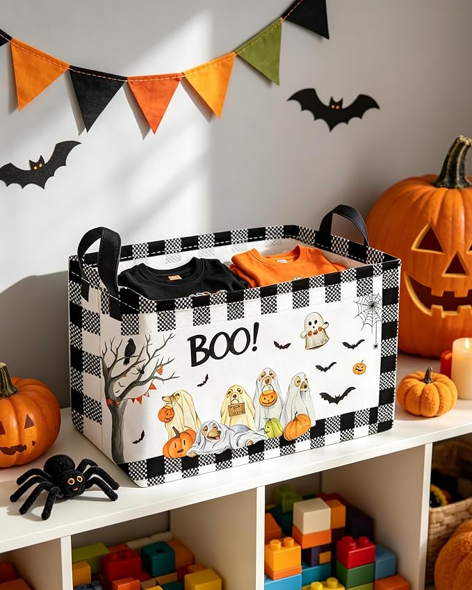 Essme Rectangular Dog Helloween Basket,Kids Storage Bins Organizer with Handles for Girls Room Decor, Gift Basket,Shelf Basket.(Dog Helloween)