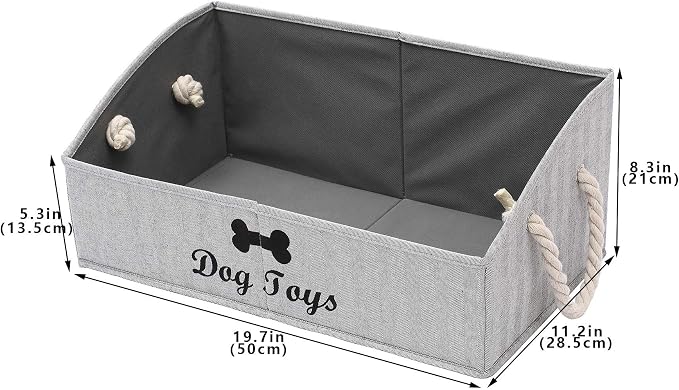 Large Dog Toys Storage Bins-Foldable Fabric Trapezoid Organizer Boxes with Weave Rope Handle,Collapsible Basket for Shelves,Dog Apparel(Striped Gray-Dog)
