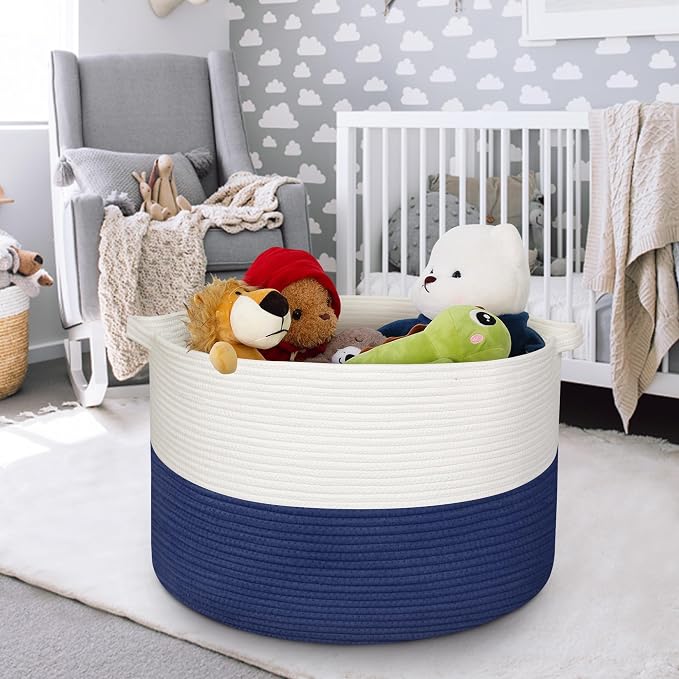 MEGASKET 115L Super Large Blanket Basket, Cotton Rope Woven Bin for Toy, Clothes, Laundry, Shoes, Toy Box for Living Room, Oversized Organizer, XXXL Jumbo Basket for Blankets, 23.6"x15.7", Navy Blue