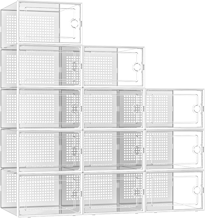 Kuject X-Large Shoe Storage Boxes 12 Pack, Clear Stackable Shoe Organizer | Shoe Case for Closet, Entryway & Under-Bed Storage, Drop-Front Design, Space-Saving Solution for Family Organization,White
