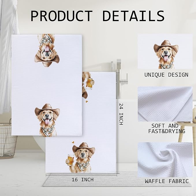 Cabana Bro Funny Cowboy Golden Retriever Kitchen Towels, Golden Retriever Gifts for Women Men, Dog Lover Gifts Decorative Hand Dish Tea Towels for Kitchen Bar Cart, 16x24 Inch Set of 2