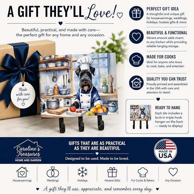 Caroline's Treasures Kerry Blue Terrier The Chef Leash or Key Holder Wall Hooks, Key Hooks Holder, Coat Rack Wall Mount, Coat Hooks, Hooks for Hanging Keys, Towels, Aprons, Leashes | Kerry Blue Terrier The Chef artwork on ceramic tile with three steel ...