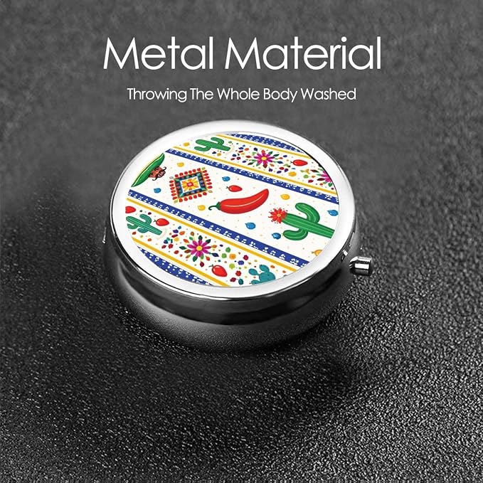 Colorful Mexican Stripe Pepper Portable Pill Organizer | 3 Compartment, With Mirror, For Men Women, For Daily Supplements, Vitamins, Fish Oil, Jewelry, Candy, Travel