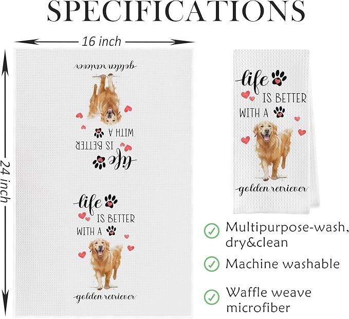 Gqtt Golden Retriever Dish Towels Set - Golden Retriever Gifts Waffle Weave Kitchen Towels, Decorative Hand Tea Towels for Kitchen Bathroom (1624 Inches Set of 2)