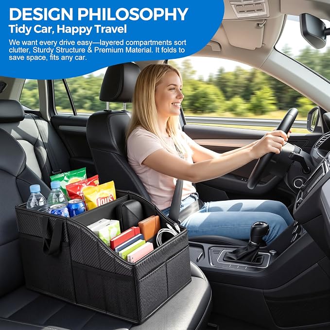 WHHMK Sturdy Leather Car Storage Support Up to 33 LB,Carbon Fiber Texture | Car Backseat Organizers, Front Seat Organizer, Floor Organizer and Storage Used for SUV Truck Toy Snack Water Bottle Holder