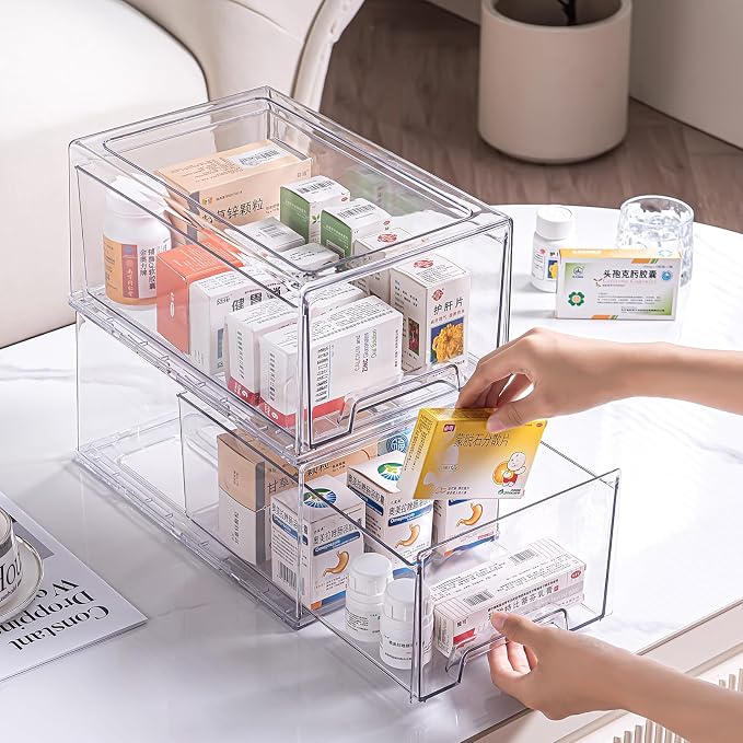 2 Pack Stackable Organizer Drawers, Clear Desk Storage Box,Transparent Drawer in Home, Office and Kitchen Pull Out Organizer Bins for Make Up, Pen, Desktop Stationary (2Extra Large)