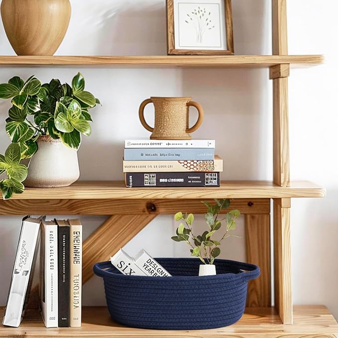 Small Blue Woven Basket, 13"x 9"x 5" Gift Basket Empty, Cotton Rope Kids Dog Cat Toy Bin Box, Cute Baby Nursery Easter Organizer, Decorative Wicker Storage with Handle, Navy Blue Room Decor