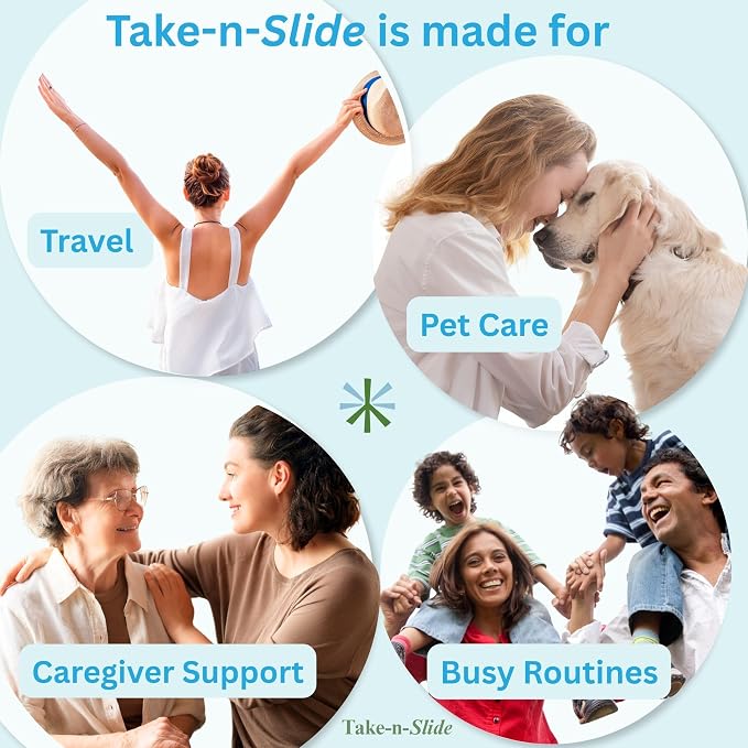 TAKE-N-SLIDE Peel and Stick Reusable for 12 + Refills, Pill/Medication/Vitamin/Pet Med Tracker & Reminder, Attach to Your Bottle, Organizer-Free, Curved‑Back, White & Blue (2-Pack, 1 Each)